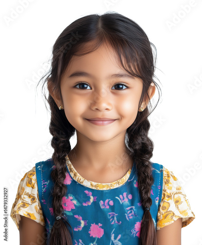 Portrait of a sweet young girl or child of Malay or Indonesian descent with pigtails or ponytail smiling, isolated on a transparent background, cut out