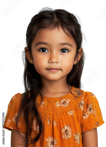 Portrait of a smart young girl or child of Malay or Indonesian descent with pigtails or ponytail smiling, isolated on a transparent background, cut out