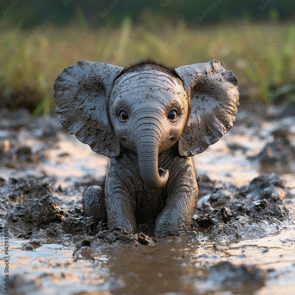 Fototapeta premium Adorable baby elephant in mud puddle