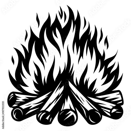 Graphic illustration of a campfire with burning logs and rising flames