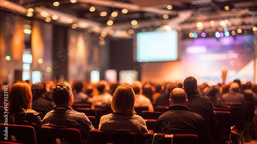 Rear view of audience seated in rows inside a modern conference hall, stage in soft focus with speaker presenting under spotlight, professional business event setting 