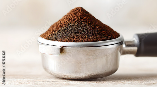 Close-up shot of ground coffee being poured into a portafilter, showcasing rich texture and fine grind details, perfect for coffee culture, café branding, or barista training visuals.
