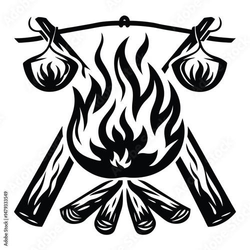 Campfire vector graphic with suspended pots over burning logs and fire flames