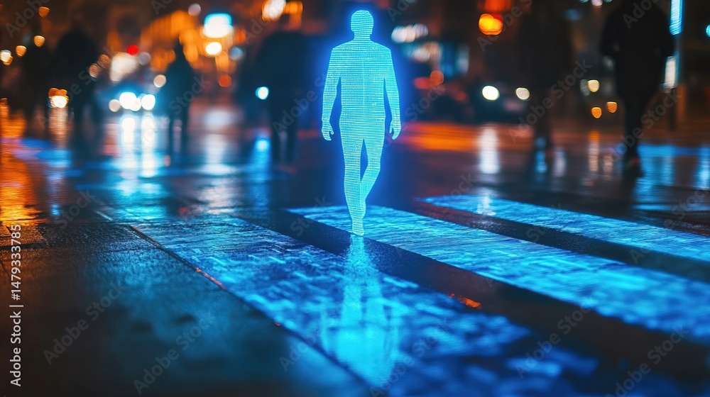 Fototapeta premium A futuristic smart crosswalk with AI-controlled holographic pedestrian warnings