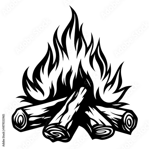 Monochrome illustration of a campfire with burning logs creating a mesmerizing blaze