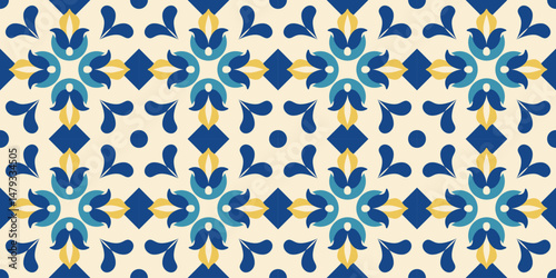 Arabic geometric seamless background. Mediterranean ornate tiles. Italian, Portugal, Mexican, Moroccan floral endless pattern. Ethnic folk border design. Turkish, Spanish, Damask backgroound. Vector.