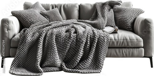 Modern Gray Sofa with Textured Throw Blanket photo