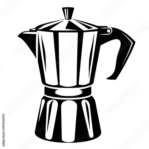 Stylized Black and White Illustration of a Moka Pot for Coffee Brewing