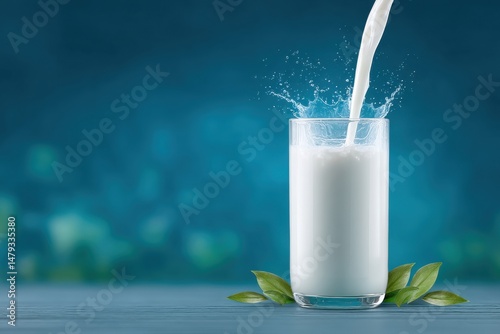 Premium milk ad concept with pure white carton pack, stylish hand pouring milky liquid into transparent glass, bright blue background and natural green at the base, 