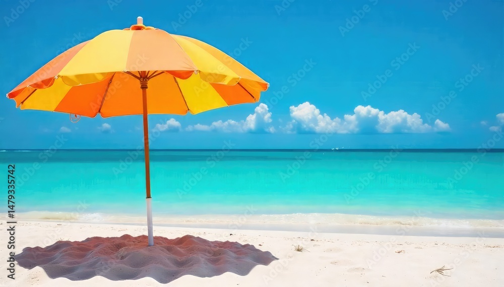 Beach umbrella casting shade on sand, turquoise water, beach, shoreline, holiday Beach umbrella casting shade on sand, turquoise water, beach, shoreline, holiday