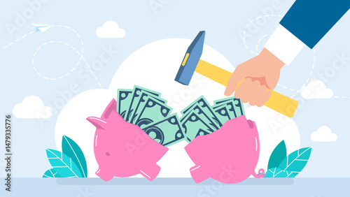 Businessman breaking piggy bank with hammer. Piggy Bank and Money. Financial crisis, Bankruptcy, investment failure. Depressed poor man in need of money. Vector Illustration
