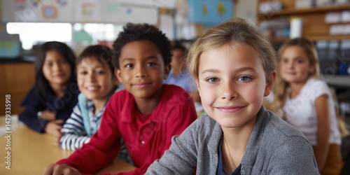 A group of children are sitting at a desk in a classroom. One girl is smiling and looking at the camera