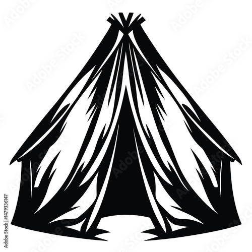 Stylized black and white illustration of a native American tipi tent shelter