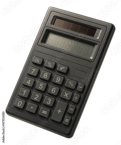 Black solar-powered calculator with numeric keypad and basic function buttons on transparent background.
