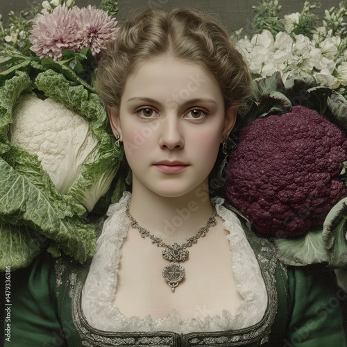 Young Woman in Green Dress with Cauliflower and Cabbage