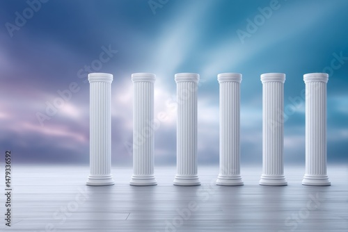 Realistic HD photo of six symmetrical Greek columns rising through radiant white clouds under a vibrant blue sky with beams of god light shining through, 
