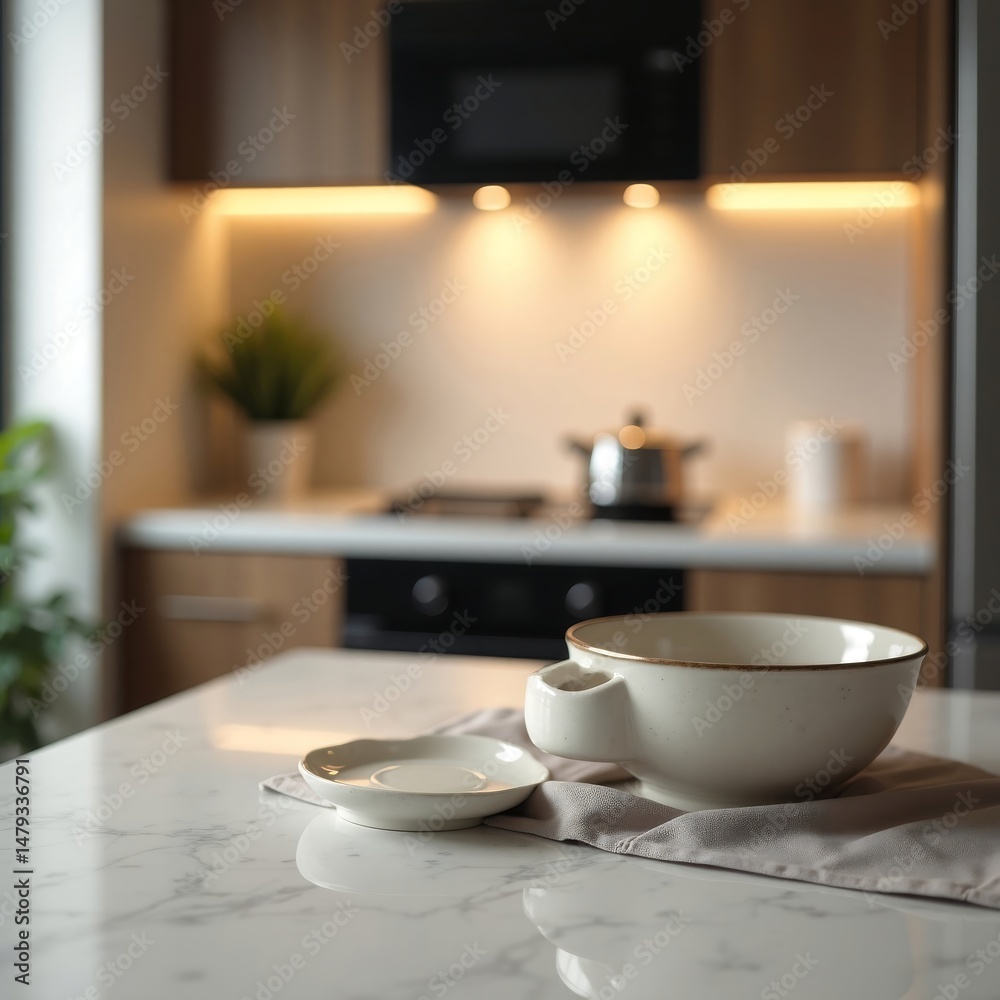 Obraz premium Serene Kitchen Still Life: A clean and inviting kitchen setting is captured, with a stylish bowl and saucer arranged on a marble countertop, subtly illuminated by warm lighting.