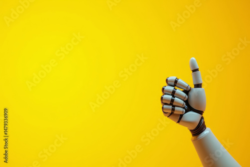 Robot hand showing thumbs up gesture isolated on yellow background. Collaboration between humans and artificial intelligence. AI