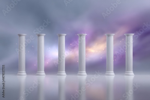Beams of divine sunlight casting across floating Greek pillars among glowing clouds, celestial ambiance with high realism and HD detail, 