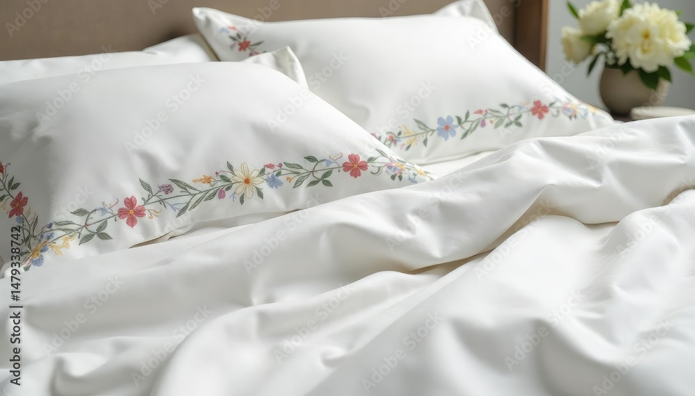 Crisp white linen sheets with embroidered floral border, crisp, floral, organic Crisp white linen sheets with embroidered floral border, crisp, floral, organic