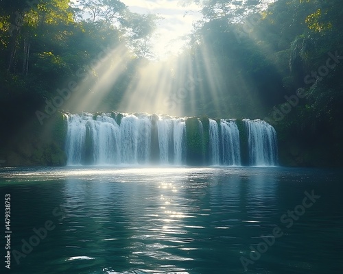 Sunlit Waterfall in Lush Jungle