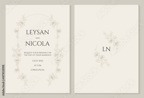 Wedding invitation. Hand-drawn monogram wreath and frame. 
