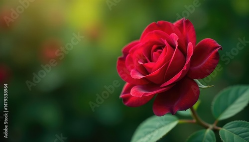 Deep red rose with green foliage in bokeh background, design, flower, blurred