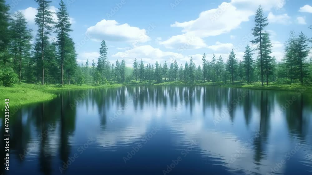 Tranquil forest lake reflects sky