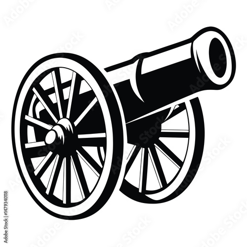 Black and white vector image depicts an antique cannon on wheels