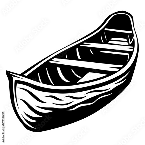 Black and white illustration of a simple canoe ready for adventure