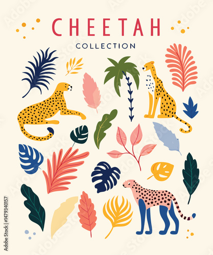 Cheetah trendy design elements collection. Vector illustration of cheetah, tropical leaves, and other elements of nature in Matisse style