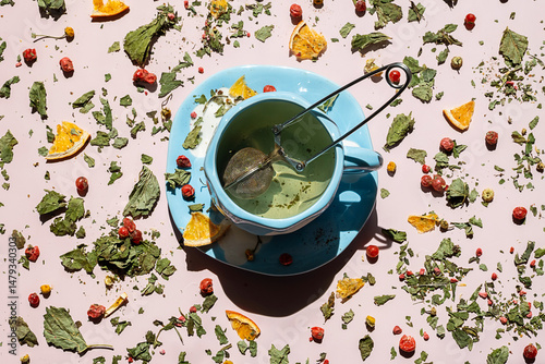 Tea Cup with Metal Infuser, Tea Leaves, Dried Berries and Orange Slices Scattered Around on Pink Background. Healthy Drink and Relaxing Ritual.