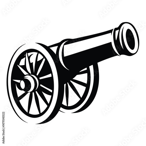 Black and white illustration of a vintage cannon with detailed wheels
