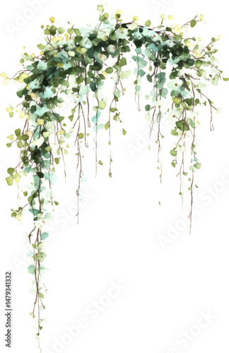 A watercolor painting, realistic and minimalistic, depicting a simple clipart of a wedding arch with flowers draping on it in a light pastel green hue.