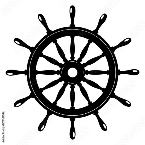 A Black Silhouette of a Vintage Ship Steering Wheel with Wooden Handles