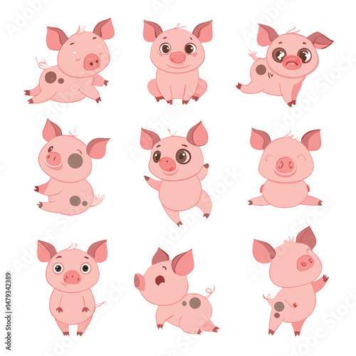 Cute piggy collection. Vector illustration of funny cartoon pink piggy in different poses. Isolated on white.