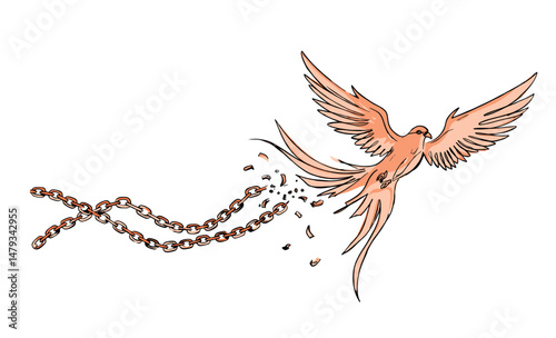 Flying bird breaking free from chains representing liberation and hope