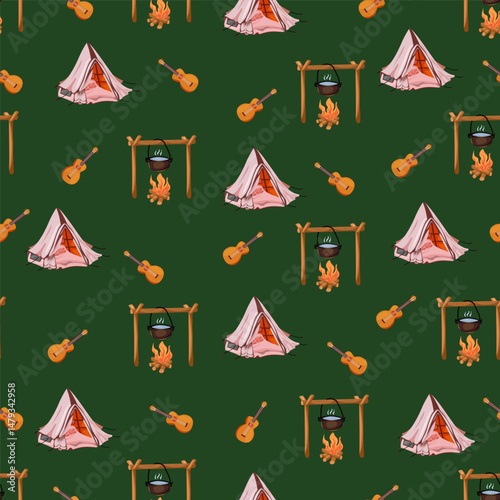 Camping seamless pattern. Tourist tent, bubbling pot on campfire and guitar on green background. Vector illustration. 