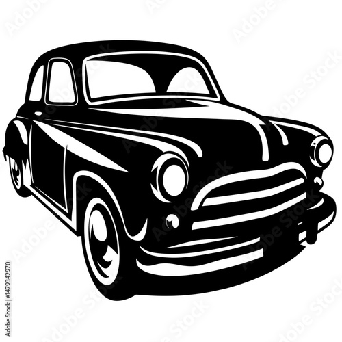 Monochrome illustration of a classic car with stylized elements, a vintage look