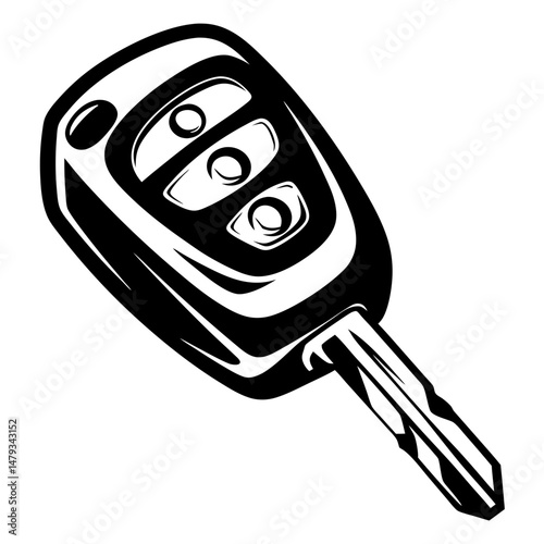 Stylized black and white illustration of a car remote key with buttons