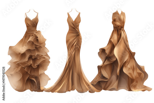 Three Brown Sparkly Evening Dresses on Mannequins On A transparent Background