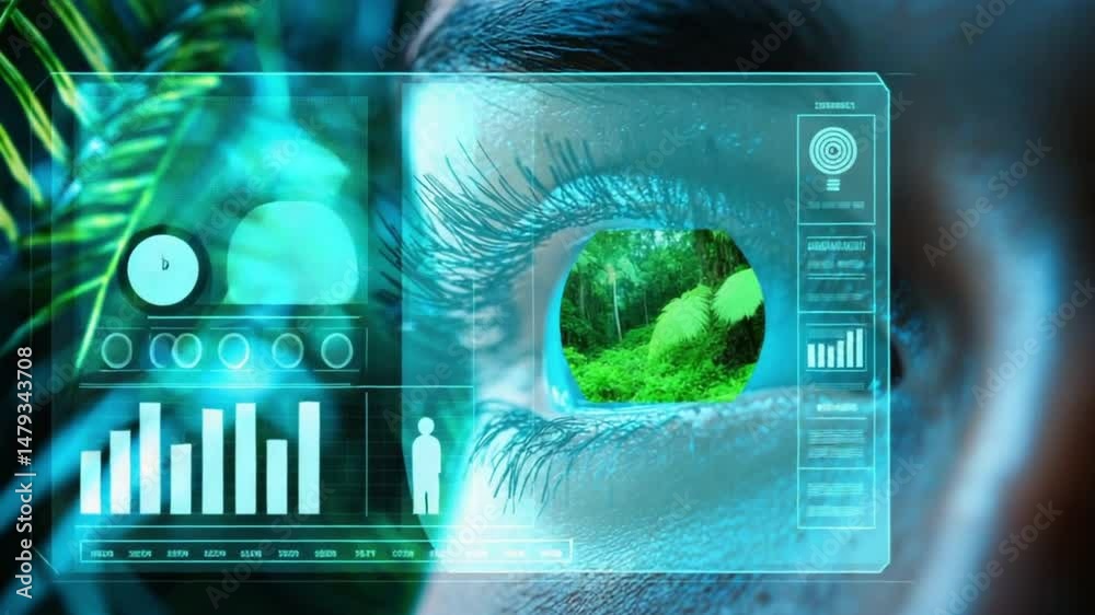 cybernetic eye analyzing environmental data overlayed on a rainforest scene digital conceptual photography Stock Photo with side copy space