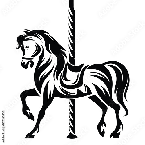 Dramatic black and white carousel horse with pole, fantasy and childhood