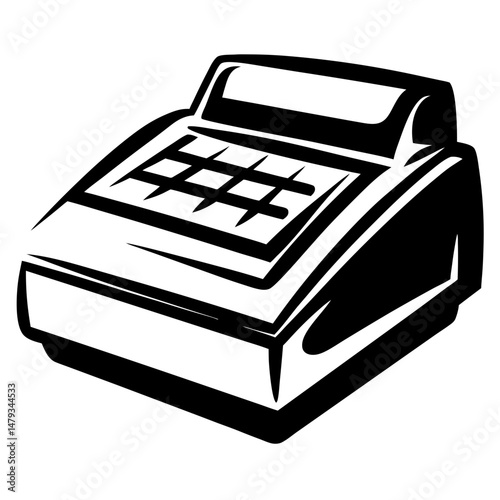 Stylized black and white image of a classic cash register machine