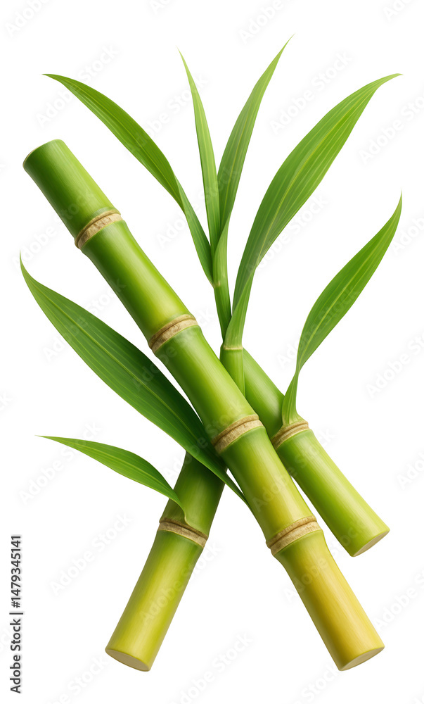 Fototapeta premium Three vibrant green bamboo stalks with lush leaves arranged diagonally on transparent background.