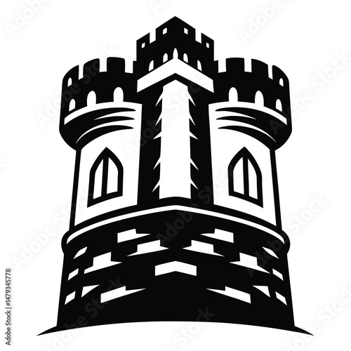 Majestic Black and White Castle Tower Illustration Strong Fortification Medieval Architecture