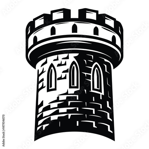 A Black and White Illustration of a Medieval Stone Tower