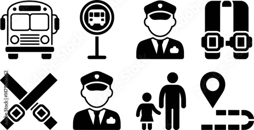 Bus transportation icons featuring school bus route and safety elements