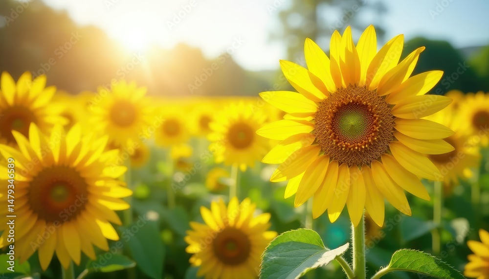 Fototapeta premium Vibrant sunflowers basking in summer sunlight, a field of golden blooms , detail, rural, flowers