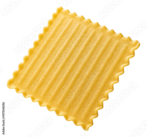 Single square piece of uncooked wavy lasagna pasta with ridged texture on transparent background.